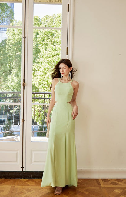 DOLLY Elegant Light Green Sleeveless Halter Neck Backless Long Cocktail Dress-OPRAH