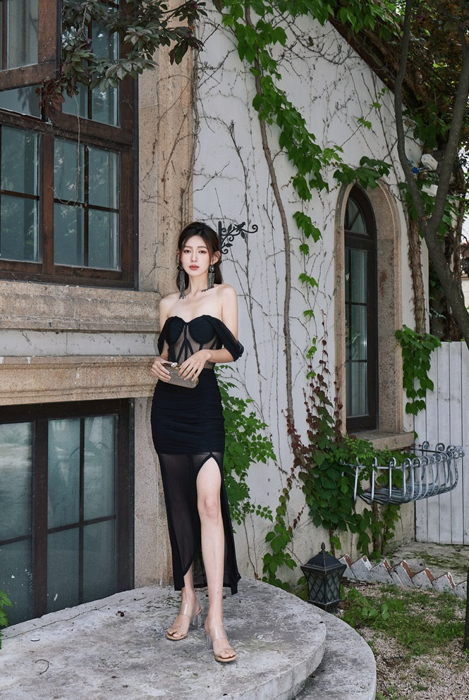 DOLLY Elegant Black Off Shoulder Short Sleeve Hollow Waist Mesh Long Dress-ALETTE