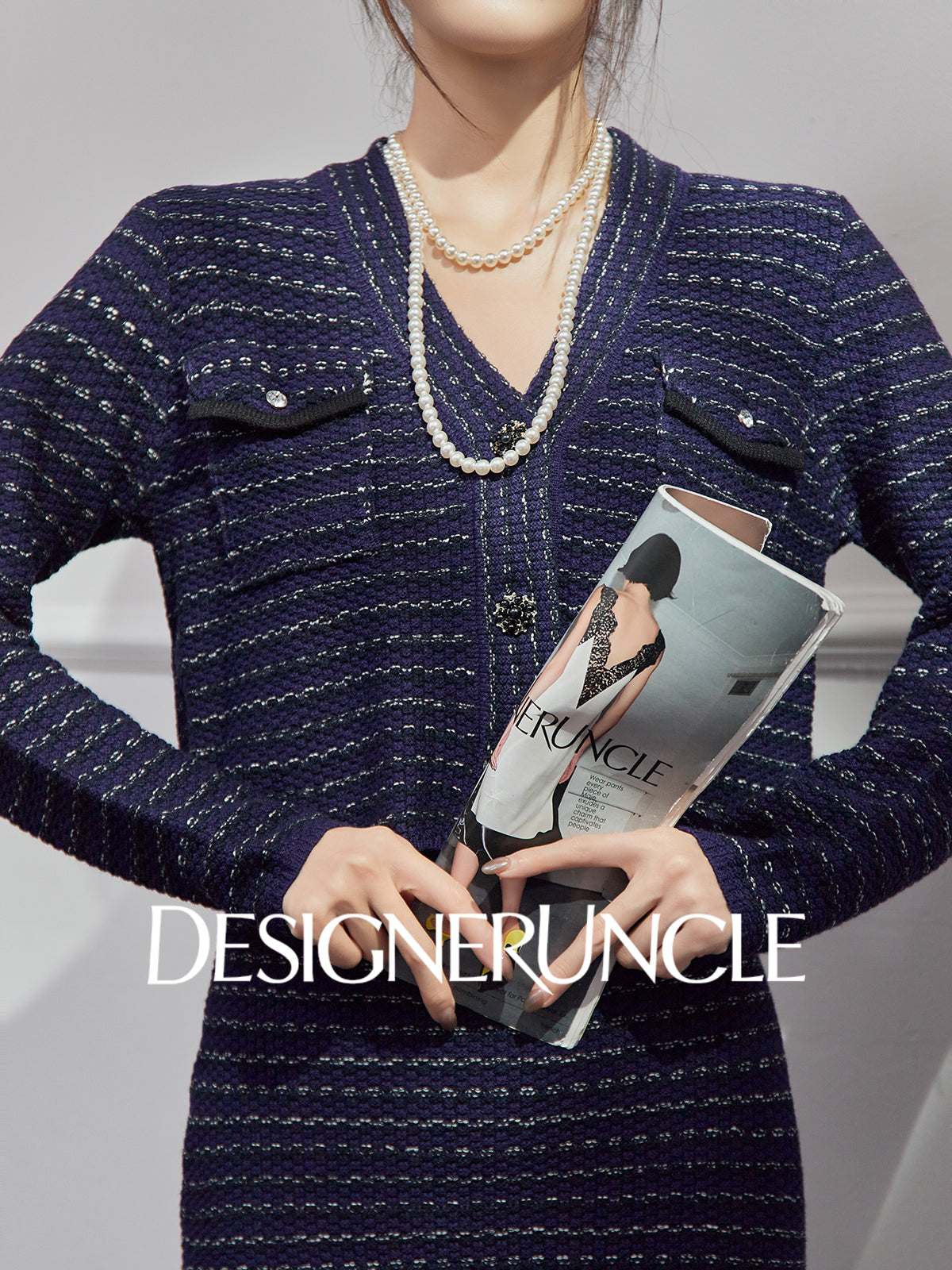 DGU|Royal Blue SSmall Fragrance V-Neck Elegant Knitted Top Two-Piece Set.