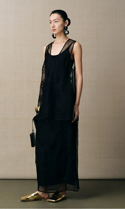 ZHUCHONGYUN U-neckline organza mesh black top-YOYO.