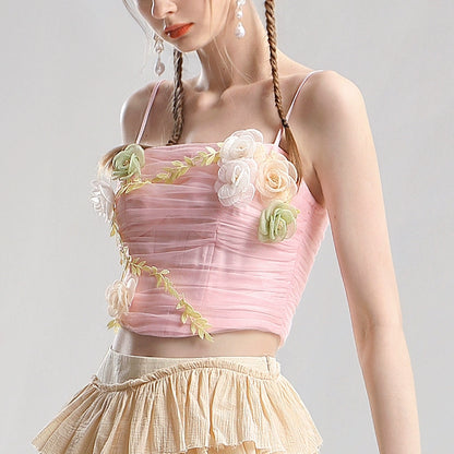 CHECOCRE Stubble Pink Three-dimensional Flower Mesh Camisole Irregular Skirt - JEREMY.