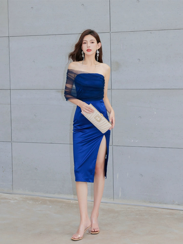 DOLLY Elegant Royal Blue One Shoulder Chest Wrap Slim Fit Slit Dinner Dress-ALLEGRA