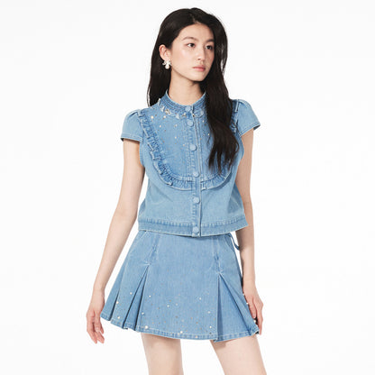 FAME beaded ruffled cropped denim top - NATALIE