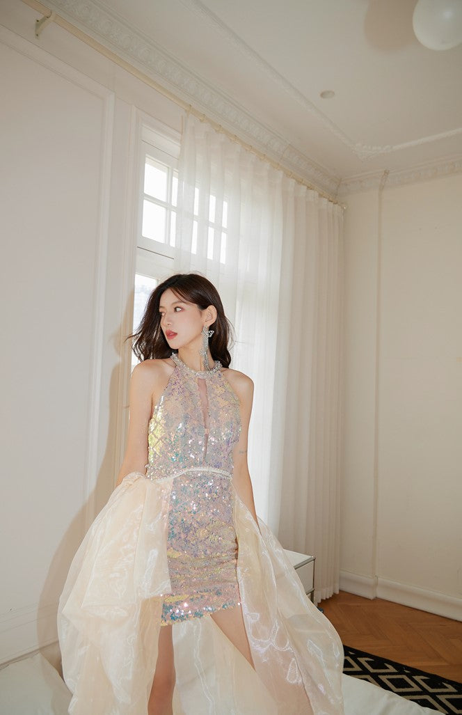 DOLLY High End Rainbow Sleeveless Bright Sequin Halter Neck Party Dress-NELLY