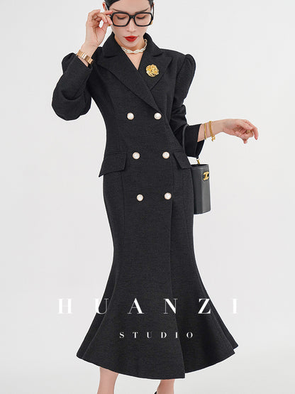 Huanzi vintage retro fishtail timeless classic long coat jacket - Micewo