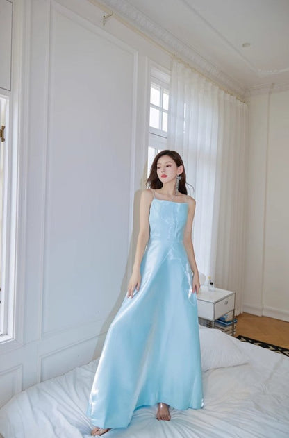 DOLLY High End Blue Off Shoulder Sleeveless Long Suspender Banquet Dress-AGATHA