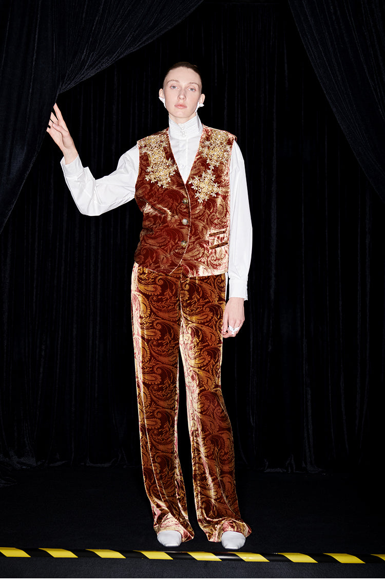 M essential Mackay designer Indian silk embroidery gilet vest pant suit - yaiu.