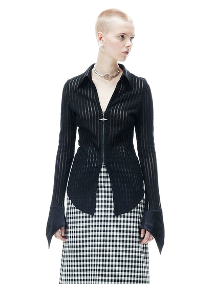 ANNAKIKI Women's Black Meteor Double Zipper Slim Long-Sleeved Shirt-MARTHA