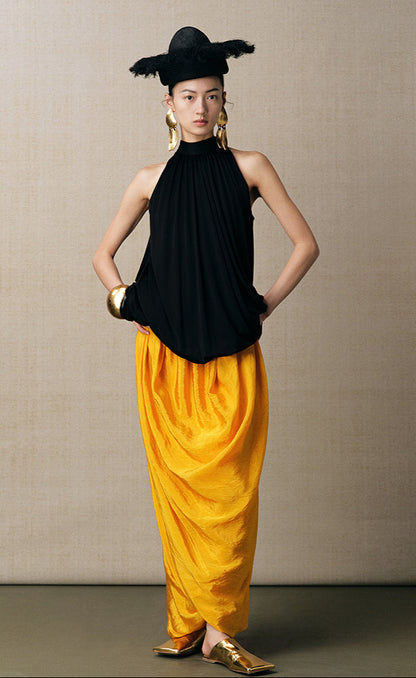 ZHUCHONGYUN yellow asymmetrical pleats slim skirt-CUD.