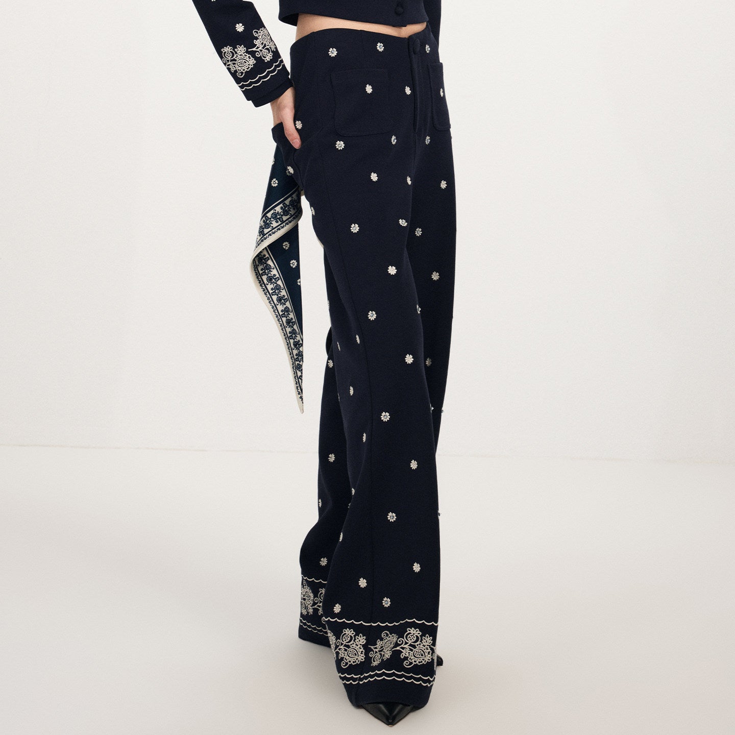 FAME Beaded Print Silk Scarf Embroidered Pants - VEDA