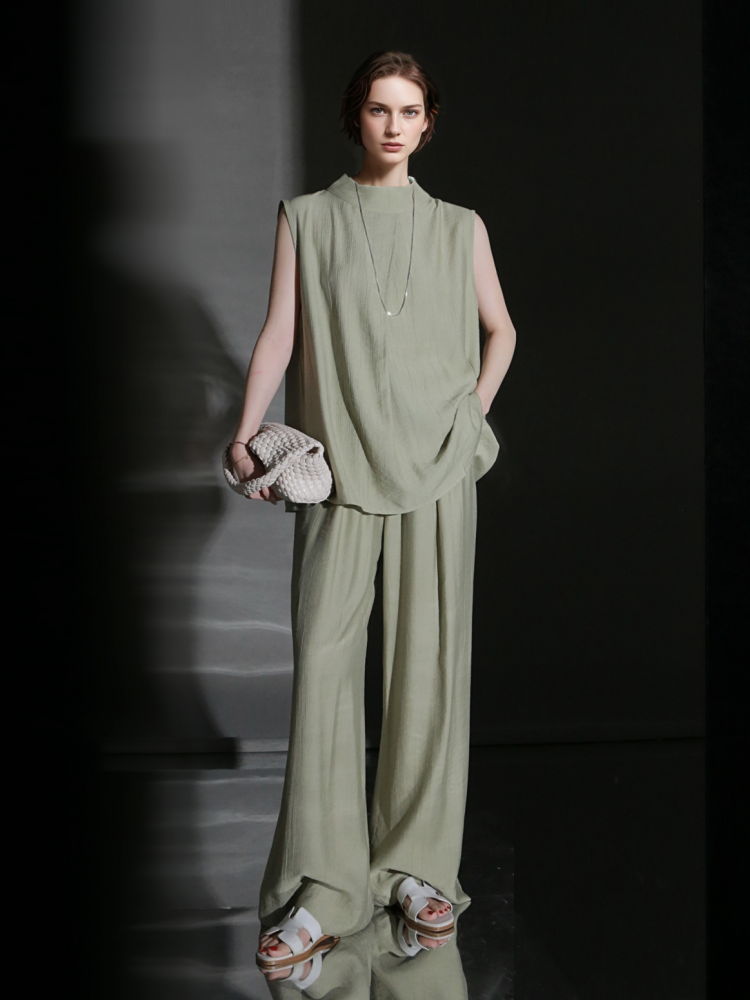 PIAOIN texture linen silk stand up collar sleeveless t-shirt women's straight pants - ARIA