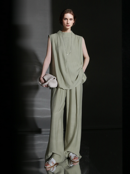 PIAOIN texture linen silk stand up collar sleeveless t-shirt women's straight pants - ARIA