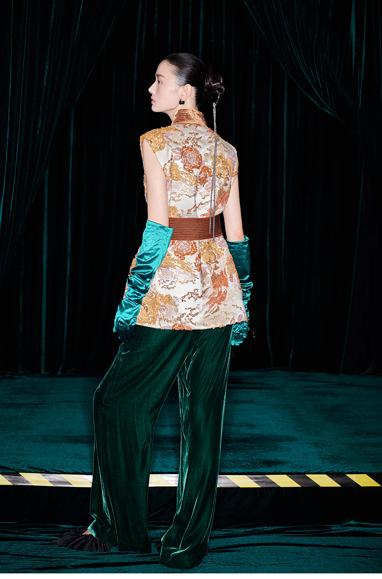 M essential Mackay designer quilted wide belt placket vest pant set- indira