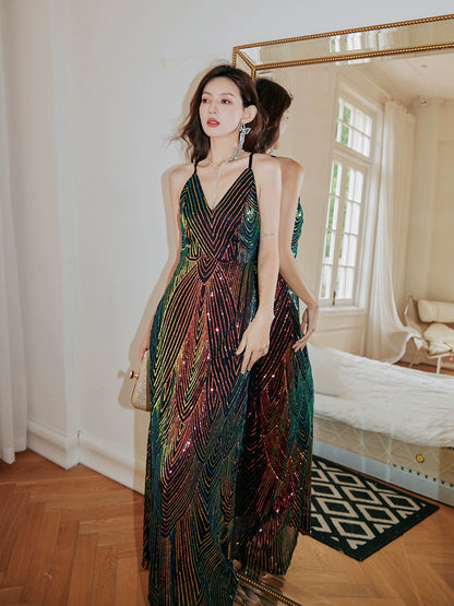 DOLLY Elegant Colorful Black Sleeveless Sequin Long Suspender Banquet Dress-LUNE