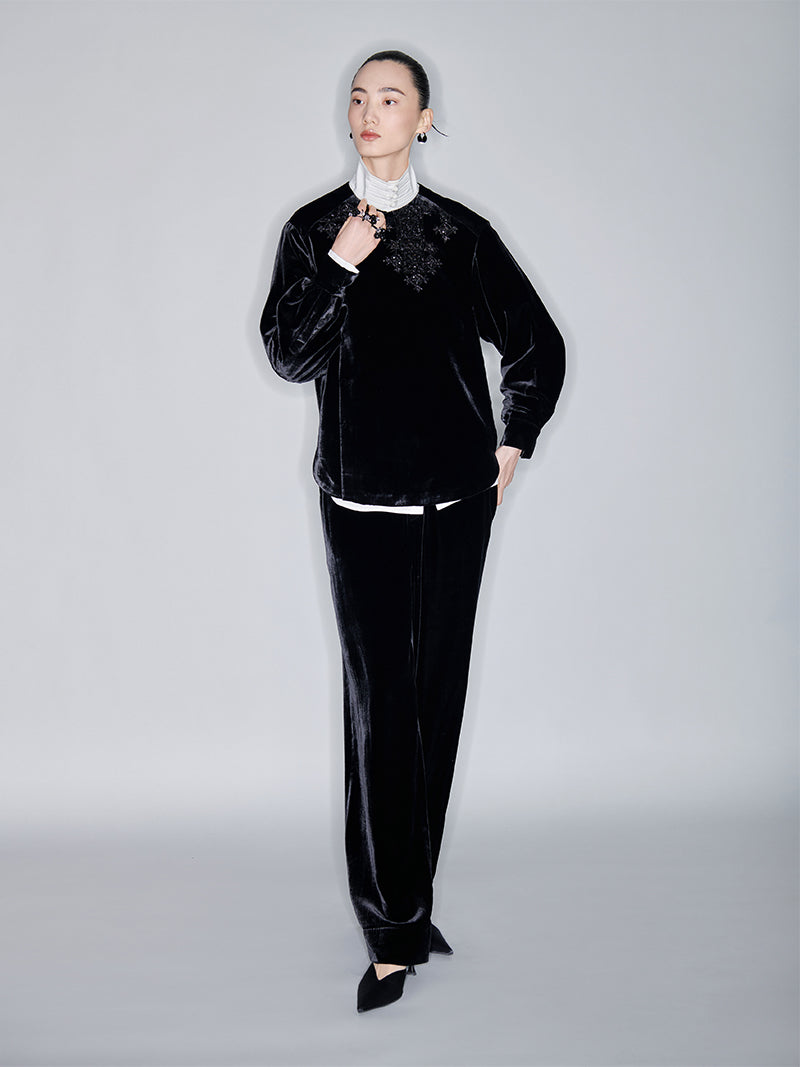 M essential Mackay designer Indian silk embroidered silhouette velvet top pant set- buck.