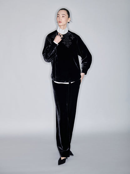 M essential Mackay designer Indian silk embroidered silhouette velvet top pant set- buck.