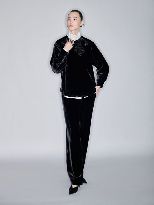 M essential Mackay designer Indian silk embroidered silhouette velvet top pant set- buck.