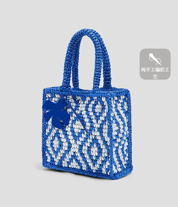 COMME MOI Lv Yan designer check contrast straw tote bag - SOLANE.