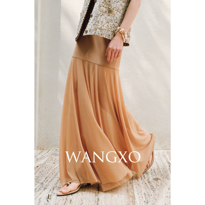 WANGXO | Twill Roman Knit with Lightweight Sheer Paneling  A-Line Hem Flowing Skirt  -RAYA