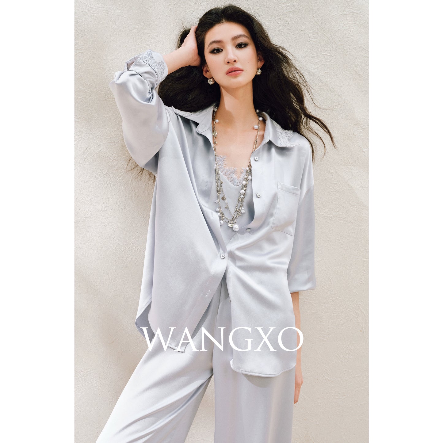 WANGXO | Hemp-Textured Acetate Satin  ight Luxury Lace Suspender, Shirt & Trousers Three-Piece Set- SARI