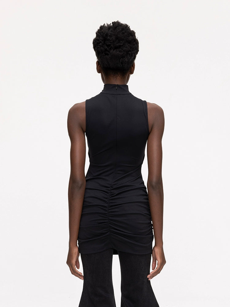 ANNAKIKI niche black kink pleated cut-out sexy dress-GENKO
