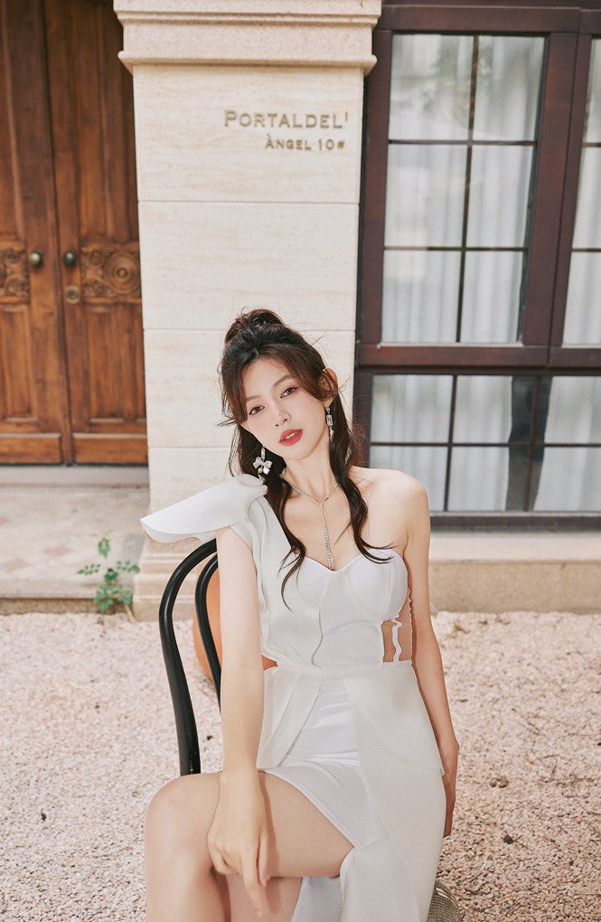 DOLLY Elegant Ruffled Off Shoulder Hollow Waist Irregular Hem Dinner Dress-NINA