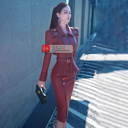 VJE  PU Leather Suit Skirt Jacket Midi Hip Skirt Two-Piece Set-BORA,