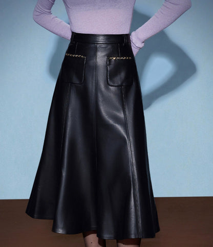 CHICHY retro socialite dark red leather long skirt-DAN