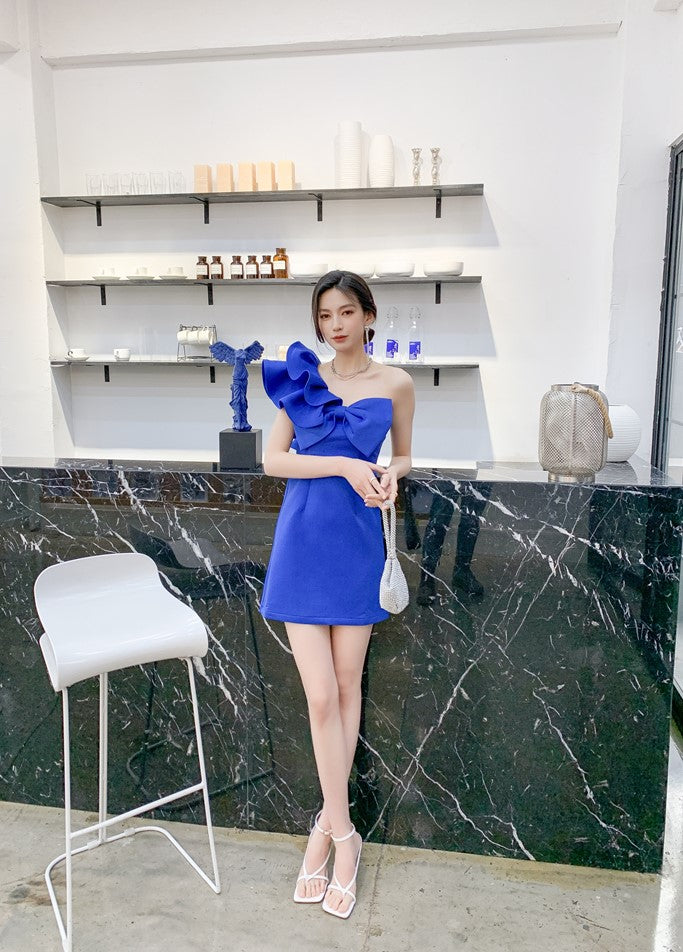 DOLLY Luxury Slant Collar Sleeveless Big Bow Ruffle Short Birthday Dress-MAYE