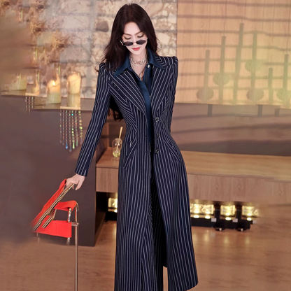 VJE Striped Trench Coat Flared Pants Two-Piece Set-NICH.