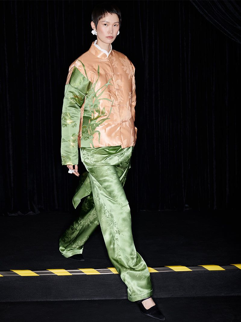 M essential Mackay designer iris jacquard orchid collage coat Pant set - kyle.