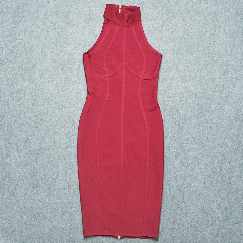 DOLLY Elegant Sleeveless Stand Collar Body Hug Midi Sexy Date Dress-NAT