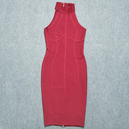 DOLLY Elegant Sleeveless Stand Collar Body Hug Midi Sexy Date Dress-NAT