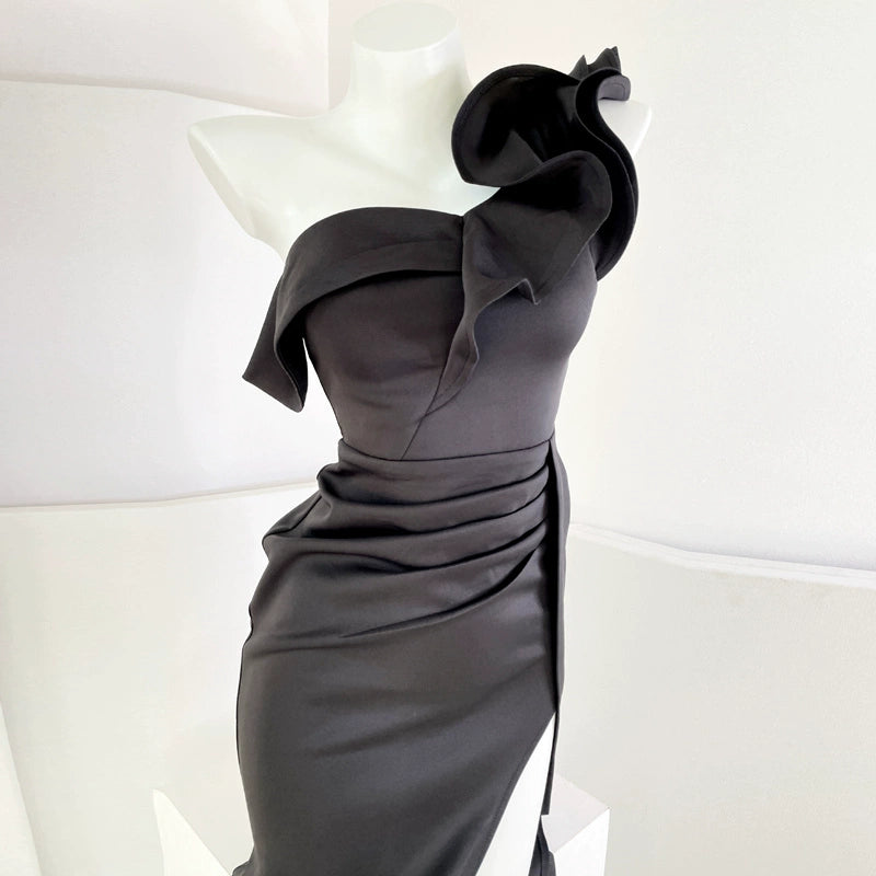 DOLLY Elegant Ruffled Off Shoulder Slim Fit Pleated Fish Tail Dinner Dress-EDITH