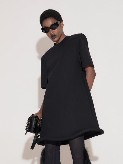 ANNAKIKI Black Saucer Hem Shoulder Padded Loose Dress-SHIRA