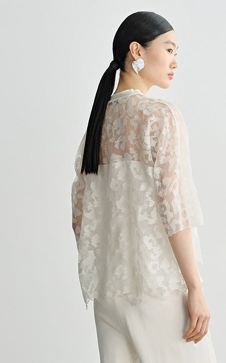 COMME MOI silk embroidered lace-up half-sleeved top - ESTHER.