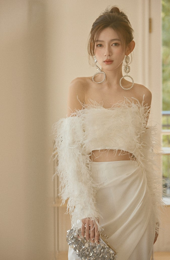 DOLLY Elegant White Off Shoulder Long Sleeve Feather Tube Top Dinner Dress-SU