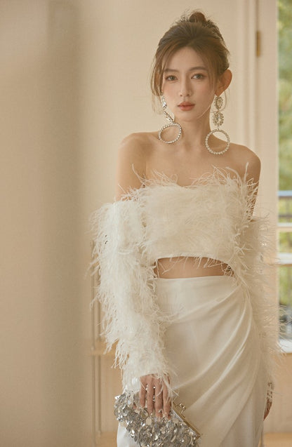 DOLLY Elegant White Off Shoulder Long Sleeve Feather Tube Top Dinner Dress-SU