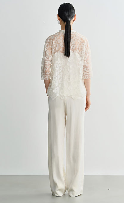 COMME MOI silk embroidered lace-up half-sleeved top - ESTHER.