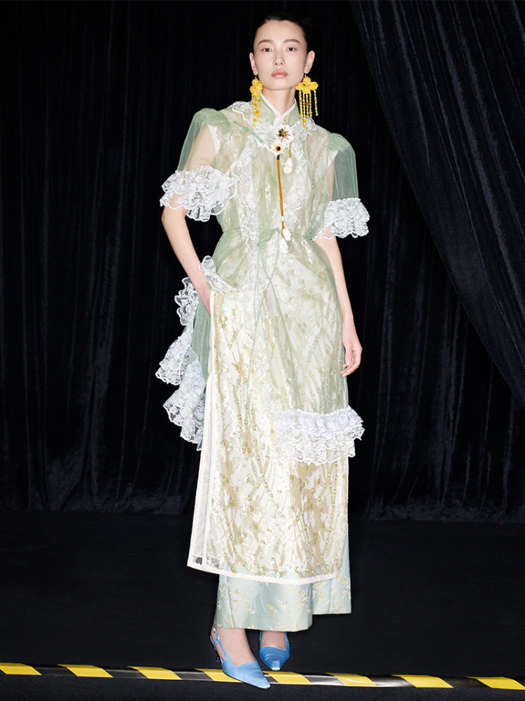 M essential Mackay designer Ear Mesh lace welt stand-up collar dress - DOUNT.