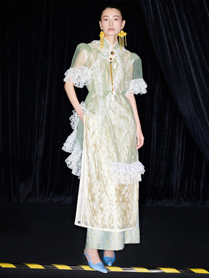 M essential Mackay designer Ear Mesh lace welt stand-up collar dress - DOUNT.