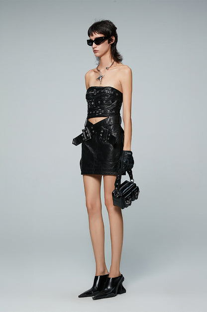ANNAKIKI Niche designer black leather strappy bandeau dress-YUQI