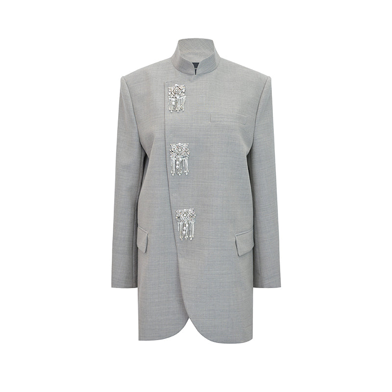 M essential Mackay designer raw linen skinny wool crystal lamp tassel bead suit - CHEN.