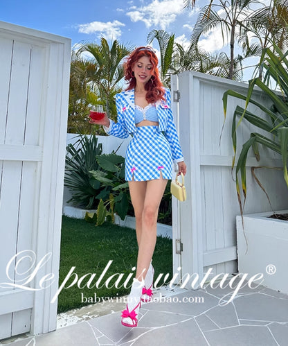 Le Palais  Blue Plaid Small Fragrance Thin Short Coat + Short Skirt- Yuno