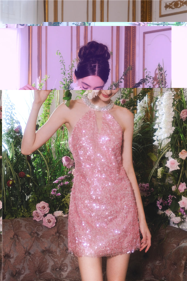Wardrobes by Chen Luxury Sleeveless halter Sequin Short cocktail Dress- Limmi