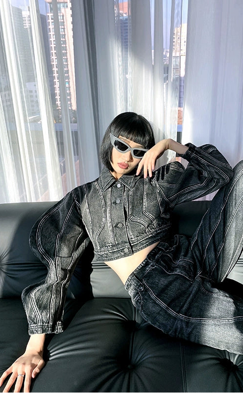 ANNAKIKI  Wave sleeve split denim jacket-MIDORIYA.