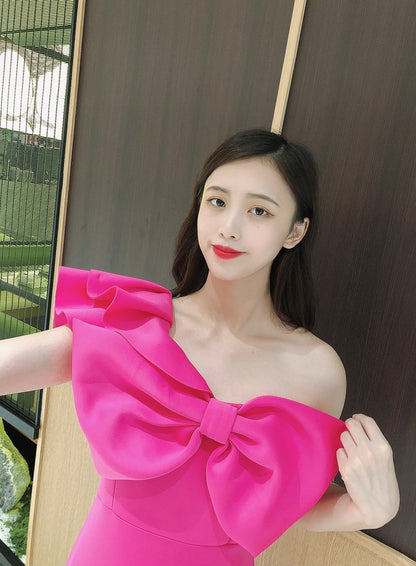 DOLLY Elegant French Style Pink Off Shoulder Big Bow Short Dinner Dress-JOMA