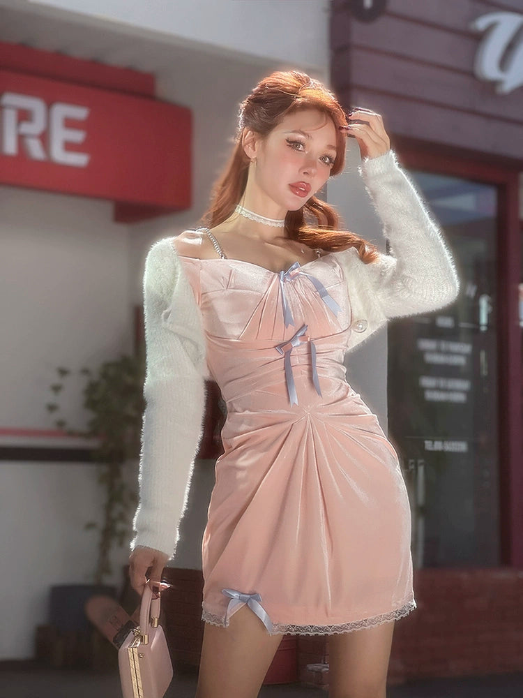 Le Palais Vintage Original Autumn  Pink Velvet Strapless Midi Cocktail Dress-Vera