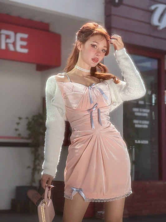 Le Palais Vintage Original Autumn  Pink Velvet Strapless Midi Cocktail Dress-Vera