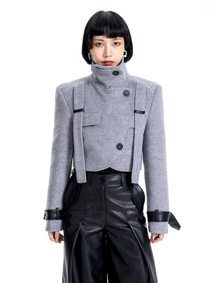 TINY IN leather stitched cropped women's wool jacket -DEKU